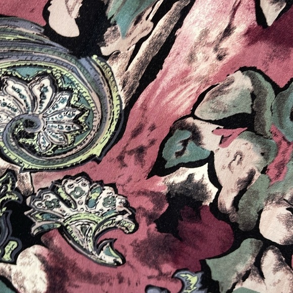 VINTAGE 80s Paisley Floral Print Midi Skirt Hunter Green Dusty Rose Rayon L - Picture 3 of 9